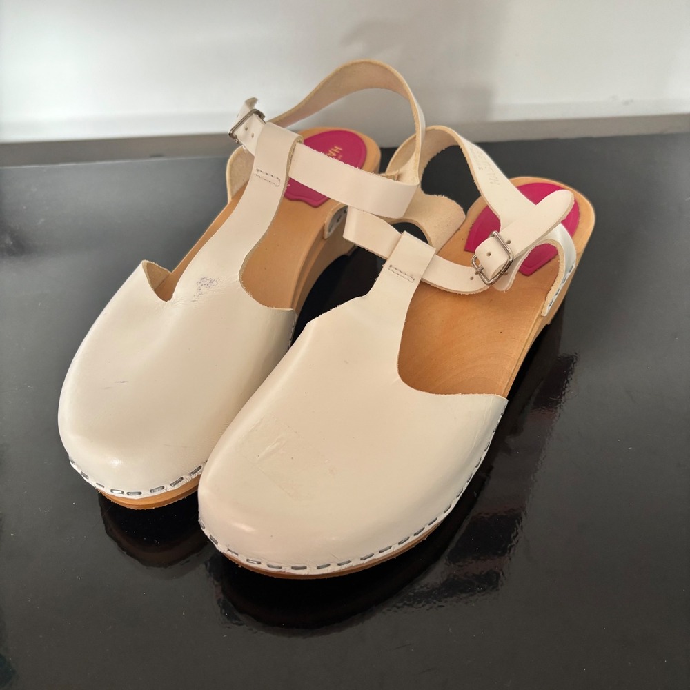 Swedish Hasbeens White‎ Leather T-Strap Sky High Clogs Wood Sandals Size 39
